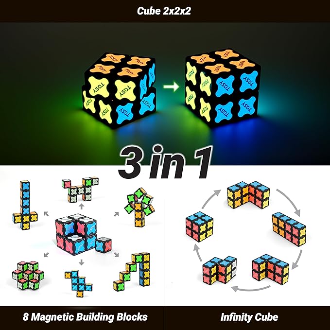 TOSY Magnet Cube 2x2 - 8 Blocks, 2in1 Toy: 2x2x2 Puzzle Cube and Customizable Infinity Cube, Easter Basket Stuffers Gifts for Kids/Grandkids, Glowing with UV Flashlight, Sensory/STEM Toy
