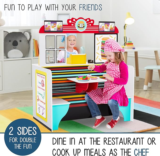 Lil' Jumbl Double-Sided Restaurant Playset for Kids, Wooden Pretend Diner Set, Kitchen Set with Cash Register, Burners, Faucet & Dispenser are Battery Operated and Make Realistic Sound & Light