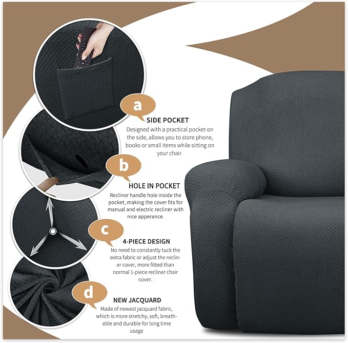 JIVINER Oversized Recliner Chair Covers 4 Piece Stretch Lazy Boy Recliner Sofa Slipcover Jacquard Large Recliner Covers with Elastic Bottom Soft Furniture Protector (XL Recliner,Dark Gray)