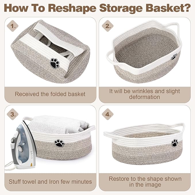 Optish Dog Toy Basket, Toy Box and Bin for Dog Cat Storage, 19.7" X 11" X 7.9" (30L) Large Woven Rope Basket for Blanket Storage, Living Room, Bedroom, White & Brown