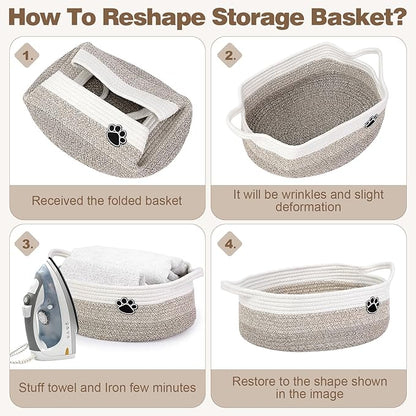 Optish Dog Toy Basket, Toy Box and Bin for Dog Cat Storage, 19.7" X 11" X 7.9" (30L) Large Woven Rope Basket for Blanket Storage, Living Room, Bedroom, White & Brown