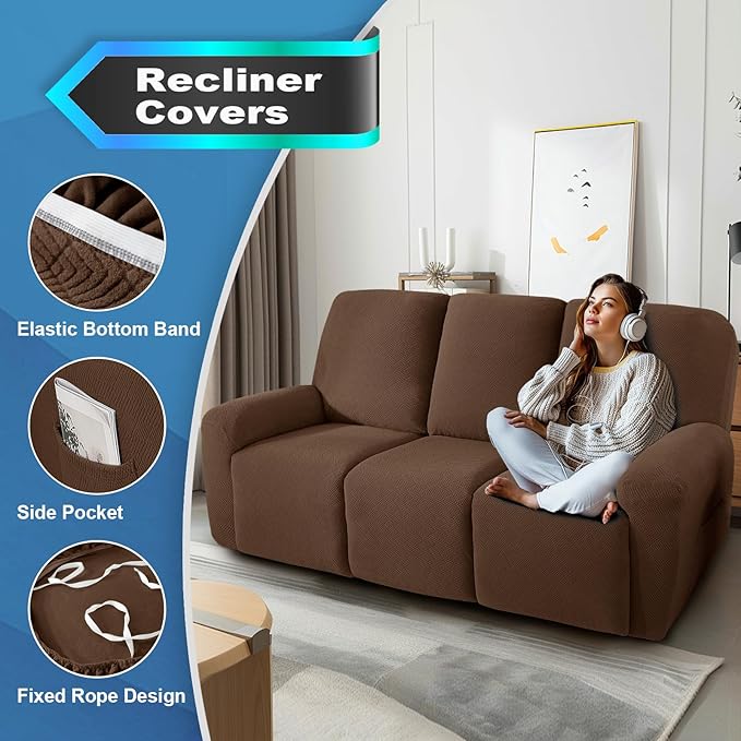 JIVINER 5 Pieces Recliner Sofa Covers Stretch Recliner Sofa Slipcover with Elastic Bottom Jacquard Fitted Reclining 3 Cushion Couch Cover Furniture Protector with Pockets (3 Seater, Brown)