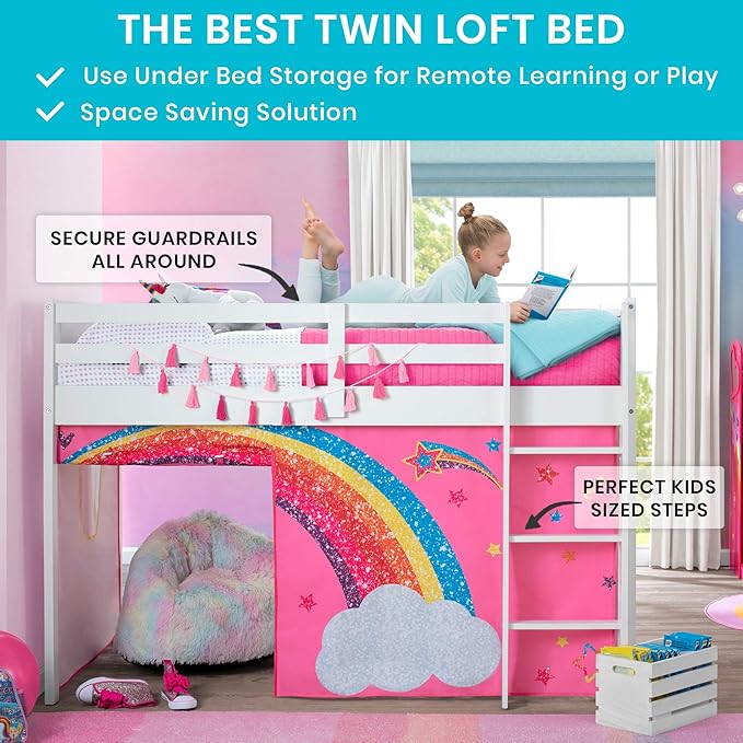 Delta Children Twin Loft Bed with Guardrail and Ladder + Tent (Bundle), White/JoJo Siwa