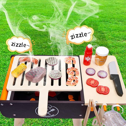 MerryPony Wooden Play Barbecue Toy Grill, Kids BBQ Grill Playset with Play Food and Grilling Tools, Kids Cooking Sets, Outdoor Play Kitchen Set Kids, Pretend Play Kitchen Accessories Toddlers Age 3+