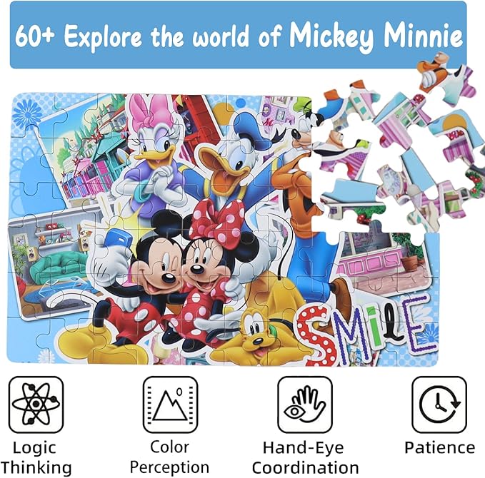 Minnie Mickey Puzzles for Kids Ages 4-8 60 Pieces Puzzles for Kids Ages 3-5 Mickey Mouse Puzzles for Girls and Boys Toys Jigsaw Puzzles in a Metal Box Educational Puzzles (Minnie Mickey 0687)