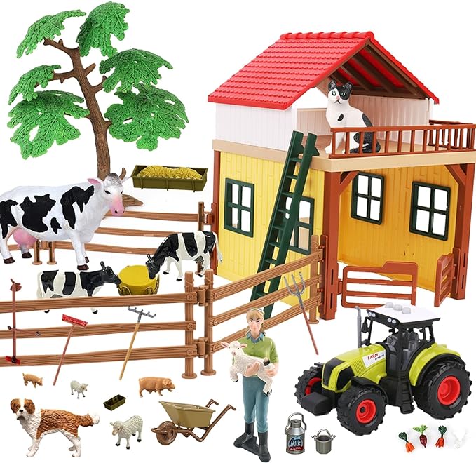 Farm Animals Figurines Toys Playset- Animal Barn House Toy Set,Tractor,Farmer,Fence,Easter Birthday Gifts for Girls Boys Toddlers Kids Ages for 3-7 Years Old