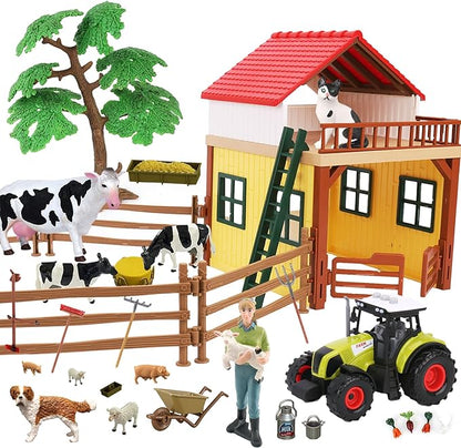 Farm Animals Figurines Toys Playset- Animal Barn House Toy Set,Tractor,Farmer,Fence,Easter Birthday Gifts for Girls Boys Toddlers Kids Ages for 3-7 Years Old