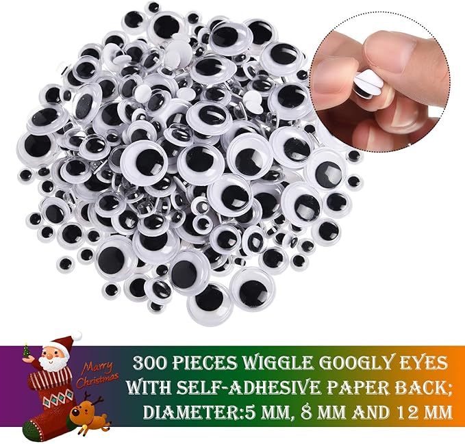 150 Pieces Brown Pipe Cleaners Chenille Stems, 150 Red Pom Poms Assorted Size Craft Pompoms and 300 Wiggle Googly Eyes with Self-Adhesive Back for Christmas Reindeer Crafts DIY Making