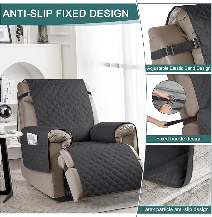 Ruaozz 100% Waterproof Recliner Chair Cover Non-Slip Oversized Reclining Cover for Large Recliner Chair Washable Chair Seat Cover with Elastic Straps for Kids, Dogs, Pets (Charcoal Grey, 28'')