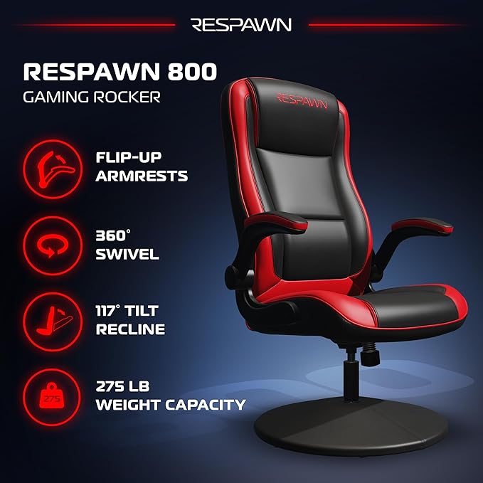 RESPAWN 800 Racing Style Gaming Rocker Chair, Rocking Gaming Chair, in Red RSP 800 BLK RED