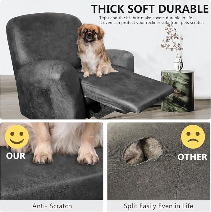 Leather Like Recliner Chair Covers Heavy Duty, 4 Pieces Lazy Boy Recliner Cover for Recliner Chair, Leather Cover for Recliner slipcovers Washable for Pets (Light Grey 2)