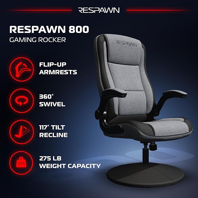 RESPAWN 800 Gaming Chair Floor, Swivel Rocker Gaming Chair, High Back Ergonomic Floor Gaming Chair for Kids and Adults, Gaming Recliner, Floor Rocker Chair with Armrests - Grey Fabric