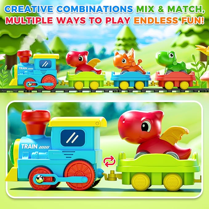 Train Set for Toddlers w/Steam, Music & Lights - Electric Train Toys for Kids w/Tracks Accessories, Including 3 Dinosaur Car and 3 Trailer, Christmas Birthday Gifts for 1-3 4 5 6+ Years Old Boys Girls
