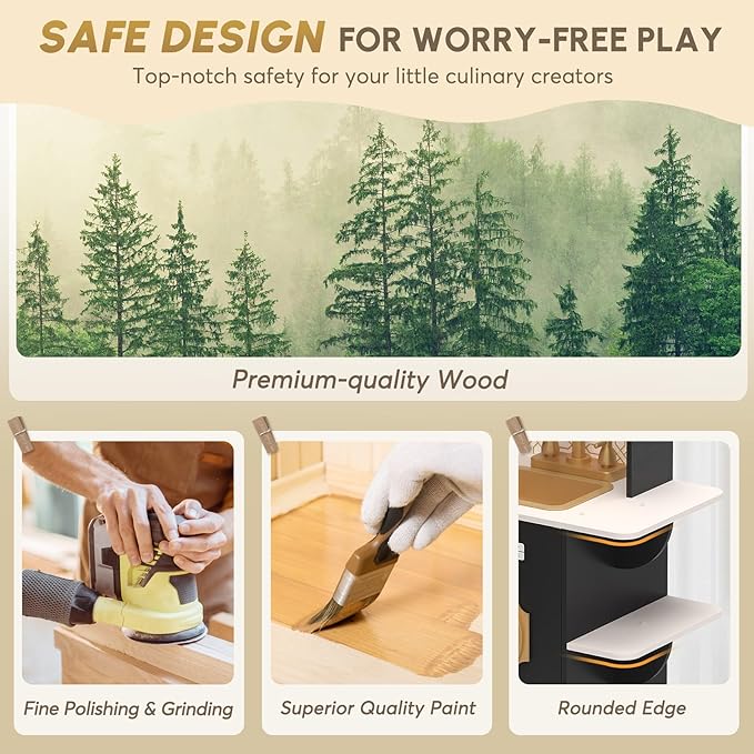 BIERUM Coner Wooden Play Kitchen with Real Lights & Sounds, Trendy Home Style Kitchen Playset, Toy Kitchen with 28 Pcs Toy Food & Cookware Accessories, Gift for Boys & Girls Ages 3+