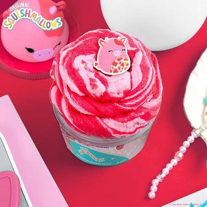 Original Squishmallows Calynda The Cow Premium Cloud Slime, Strawberry Scent, 8 oz. Jar Storage Container with Figurine Topper, Rubber Charm, Goodie Bags Stuffers, Kids Party Favors, Sensory Toys