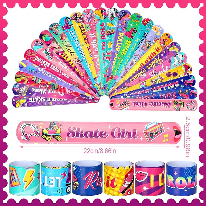 Marsui 48 Pcs Roller Skating Party Supplies Pack Slap Bracelets for Birthday Party Favors Snap Bracelets Pack Bulk for Wrist Bands Toddler Party Favors Bulk, 24 Designs
