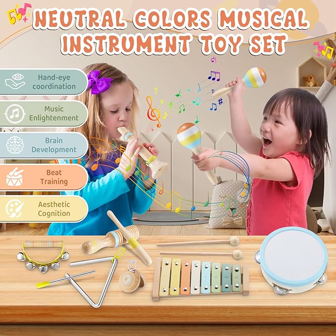 Baby Musical Instruments - Montessori Musical Toys for Toddlers 1-3 Musical Instruments for Toddlers 1-3 Neutral Colors Xylophone for Toddlers Gifts for Preschool Educational with Storage Bag