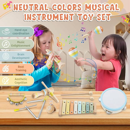 Baby Musical Instruments - Montessori Musical Toys for Toddlers 1-3 Musical Instruments for Toddlers 1-3 Neutral Colors Xylophone for Toddlers Gifts for Preschool Educational with Storage Bag