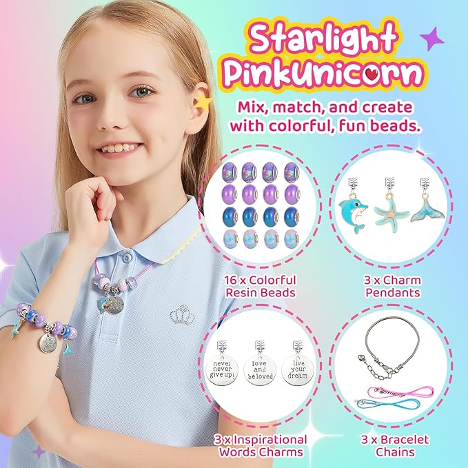 Kids Toys Bracelet Making Kit, Kid Make Up Kits for Kid Age 4-12 Jewelry Beads Toy Set, Preschool Toddler Girls Makeup Charms Set, Arts and Crafts for 4 5 6 7 8 9 10 11 12 Years Old Girl Birthday Gift