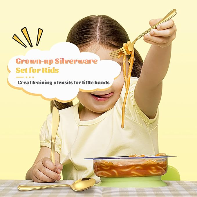 12-Piece Gold Kids Silverware, E-far Stainless Steel Toddler Kids Utensils Safe for Preschooler/Children, Includes 4 Forks 4 Spoons 4 Knife, Slimline Look & Small Size, Healthy & Rust Free