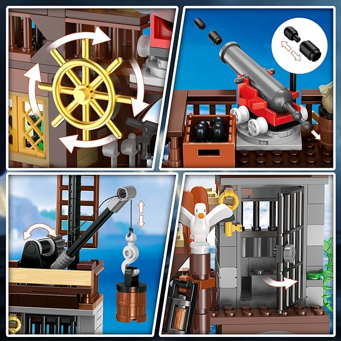 HOGOKIDS Pirate Ship House Building Set with LED Light - 3 Style Modes Pirate Wharf Supply Center Building Block Set, 781PCS STEM Bricks Kit for Kids Girls Boys Ages 6-12+ Birthday Gifts