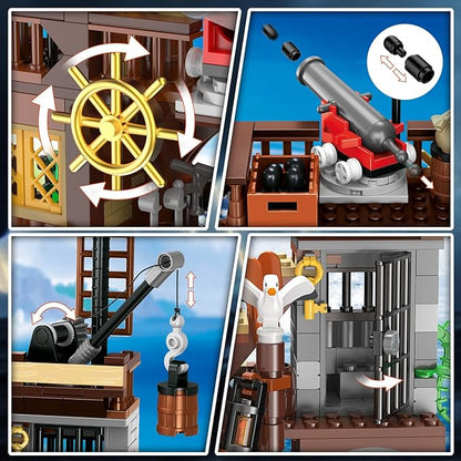 HOGOKIDS Pirate Ship House Building Set with LED Light - 3 Style Modes Pirate Wharf Supply Center Building Block Set, 781PCS STEM Bricks Kit for Kids Girls Boys Ages 6-12+ Birthday Gifts
