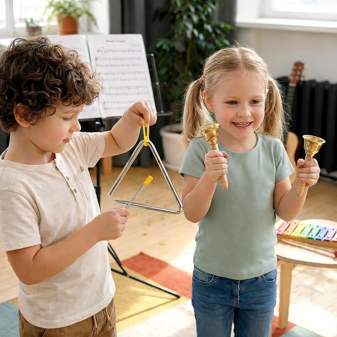 Stoie's Wooden Toddler Musical Instruments with Drum, Flute, Hand Bells, Cymbals, Castanets, Triangle, for Babies and Toddlers, Eco Friendly Montessori Educational Toy