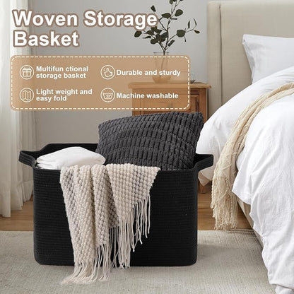 OIASKET 95L Extra Large Blanket Basket, 24" x 16.9" x 14.2" Woven Storage Basket for Living Room, Rectangle Nursery Blanket Storage for Toys, Towels, Dirty Clothes (Black)