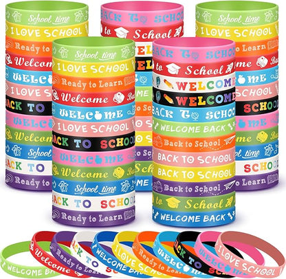Libima 60 Pcs Welcome Back to School Bracelets Bulk Back to School Rubber Bracelets First Day of School Silicone Wristbands Back to School Gifts Goodie Bags Favors Class Rewards Party Supplies
