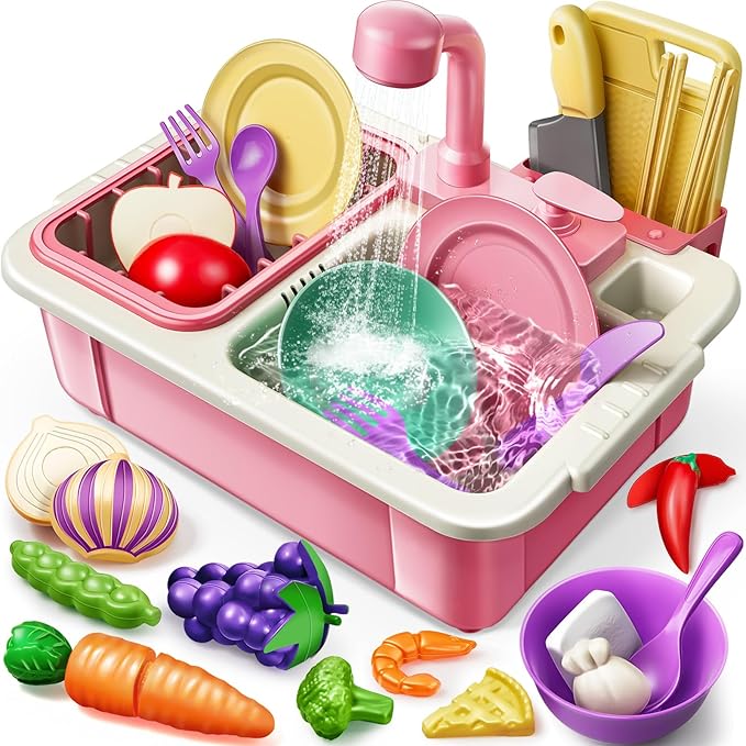 Geyiie Kids Sink with Running Water, Toddler Kitchen Sink Toy with Real Faucet, Chopping Foods, Play Dishes and Dish Rack, 30Pcs Pretend Dishwasher Toys Accessories, Learning Gift for Girls Boys