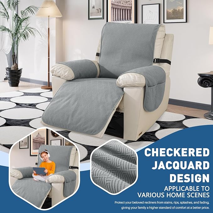 Easehomey 100% Waterproof Recliner Chair Covers with Non-Slip Backing & Pockets, Rocking Chair Sofa Cover with Elastic Band, Machine Washable Furniture Protector for Kids, Pets (Light Grey,23.6")