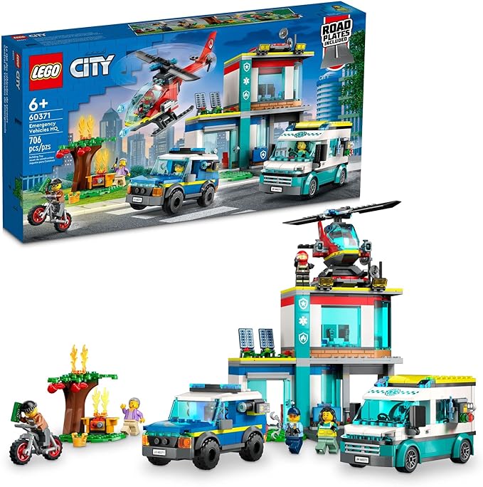 LEGO City Emergency Vehicles HQ 60371, Fire Rescue Helicopter Toy Set, Ambulance, Motorbike and Police Car Toys, Gift for Kids, Boys & Girls Age 6 Plus