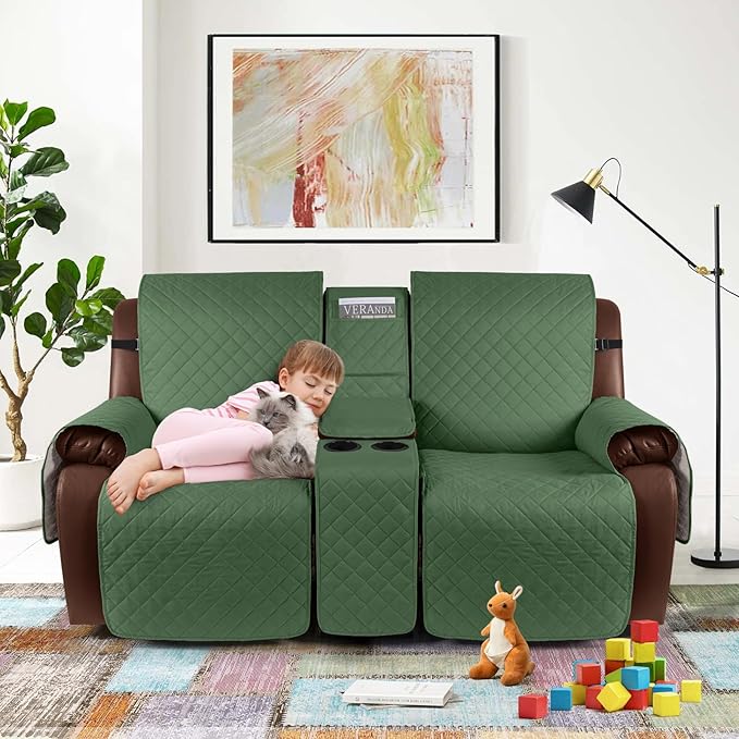 KinCam 100% Waterproof Recliner Loveseat Cover with Console, Non-Slip Reclining Couch Covers for 2 Seat, Recliner Sofa Cover Furniture Protector with Elastic Straps for Kids, Pets, Vine Green