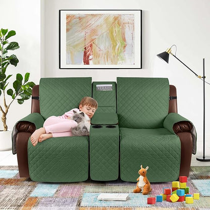 KinCam 100% Waterproof Recliner Loveseat Cover with Console, Non-Slip Reclining Couch Covers for 2 Seat, Recliner Sofa Cover Furniture Protector with Elastic Straps for Kids, Pets, Vine Green