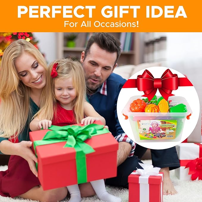 FUNERICA Toddler Kitchen Accessories Playset with Cutting Food Vegetables - Stainless-Steel Play Pots & Utensils - Apron & Chef Hat - Toy Knife & Cutting Board (Apron: Red. Checkerboard Design)