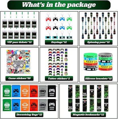 KISPATTI Video Game Party Favors, 124 PCS Gaming Birthday Party Supplies with Drawstring Bags VIP Pass Tickets Keychain Temporary Tattoo Stickers Game Theme Goodie Bag for Kids Gamer