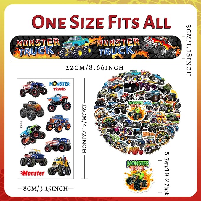 Monster Truck Party Favors 24 Pcs Monster Truck Slap Bracelets 50 Pcs Monster Truck Stickers 80 Pcs Monster Truck Tattoos Monster Truck Birthdays Decorations Supplies for Kids Boys Classroom Rewards