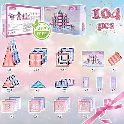 Little Pi 104pcs Frozen Princess Castle Magnetic Tiles Building Blocks - 3D Diamond Blocks, STEM Educational Toddler Toys for Pretend Play, 4 Year Old Girl Birthday Gifts Kids Ages 3 5 6 7 8 - Pink