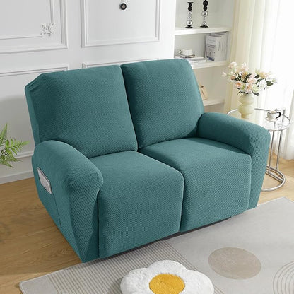 JIVINER 6-Piece Loveseat Recliner Slipcover Stretch Jacquard Recliner Sofa Cover 2 Seater Washable Reclining Couch Cover with Pocket Fitted Furniture Protector Cover (Loveseat Recliner, Peacock Blue)