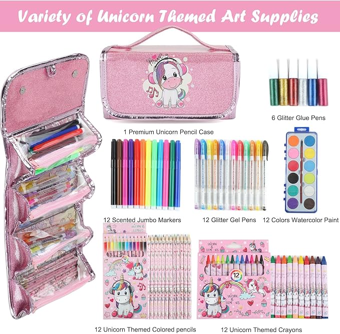 Fruit Scented Markers Set 56 Pcs with Unicorn Pencil Case, Gifts for Girls Ages 4-6-8, Supplies for Kids Art and Craft Coloring
