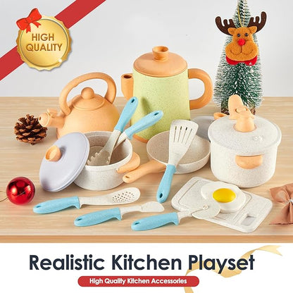 BUYGER Pretend Play Kitchen Accessories Toys Set, Cookware Pots and Pans Cooking Utensils Playset Gifts for 3 4 5 Years Old Kids Girls Boys Toddler