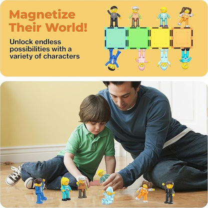 Picasso Toys Magnetic Action Figures 8 Piece Family Character for Construction Building Block Tiles Toddler Toy Set Magnet Expansion Variety Pack Educational STEM Learning Kit Pretend Playset PTA11