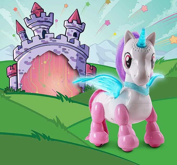 NKOK USB PetBotz - Robo Unicorn, Rechargeable, Miniature, Interactive pet Robot, Lights up, Sound Activated, Makes Noises on Command, Comes with Necklace and Hair Brush, USB Charger Included