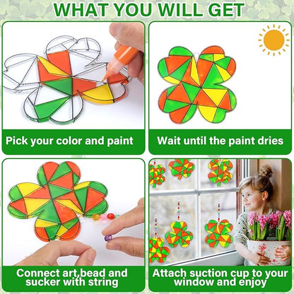 Qyeahkj 32 Sets St. Patrick's Day Suncatcher Crafts Kit for Kids DIY Shamrock Window Paint Suncatcher Arts Crafts Window Ornament Decor for St. Patrick's Day Gift Classroom Art Project Gift Favor