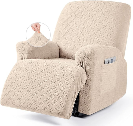 VANSOFY Oversized Recliner Chair Cover, 4-Pieces Stretch Recliner Covers for Recliner Chair Soft Reclining Chair Slipcover Jacquard Pattern Furniture Protector for Dogs Cats(Cream)