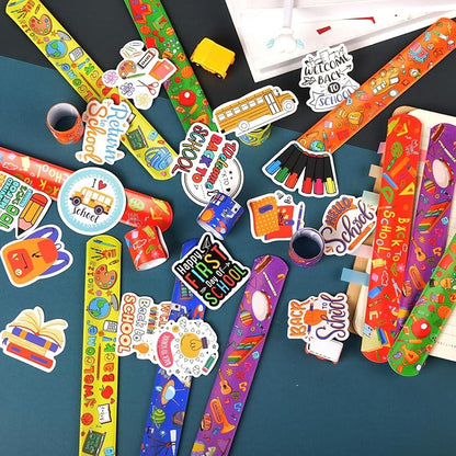 48 Pcs Back to School Slap Bracelets and 50 Pcs Party Stickers with Student Study Theme Slap Bracelets Wristbands for First Day of School Decorations, Classroom Rewards, Kid Birthday Gifts