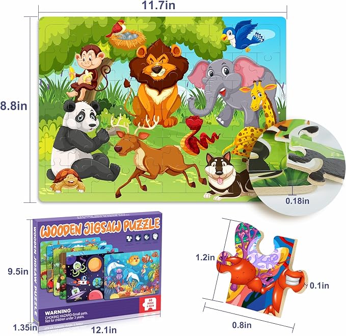 Roberly Wooden Puzzles for Kids Ages 4-8, 60 Pieces Jigsaw for Kids 3 4 5 6 7 8 Preschool Learning Educational Puzzle Toys Set for Boys Girls - Dinosaur, Ocean, Animal, Insect, Space, Vehicles