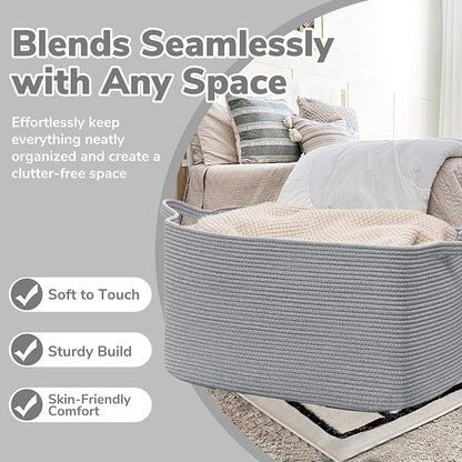 Goodpick 85L Large Woven Blanket Basket 23.6" x 15.7" x 13.8" Cotton Rope Storage Organizer for Dirty Clothes Pillows, Rectangle Toy Storage Basket for Nursery Bedroom, Gray