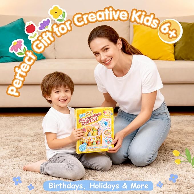 Crelloci DIY Mini Plaster Flower Vase Craft Kit – 3D Painting & Flower Arranging Toy for Kids – Creative Arts and Crafts Set for Girls Ages 3-8, Preschool Art Gift
