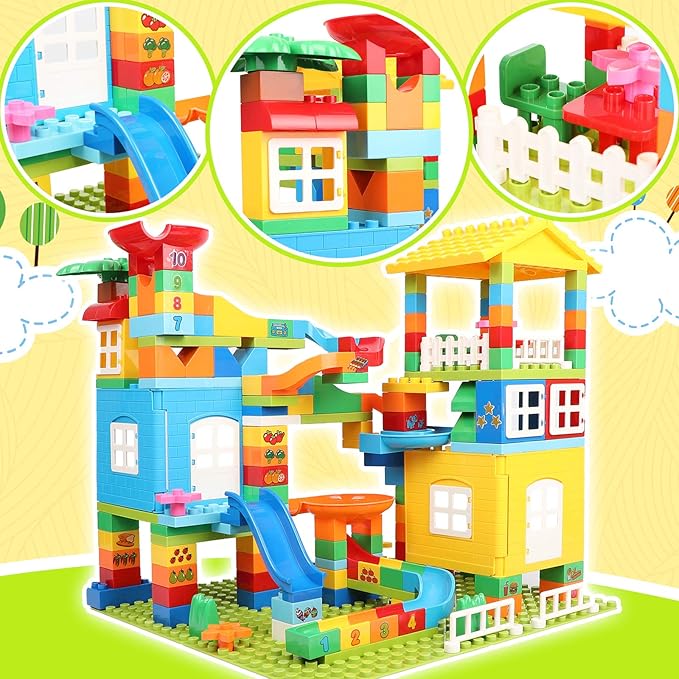 Marble Run Building Blocks, 179 Pcs Duplos Marble Run with 6 Balls, Big Building Toy Set Compatible Classic Blocks Maze Track, Marble Runs for Kids 4-8, Stem Marble Run Gifts for Boys and Girls